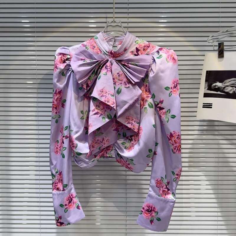 hoodie Autumn New Arrival Fluffy Sleeve Bow Ruffled Collar Purple Ral Print Blouse Women jacket