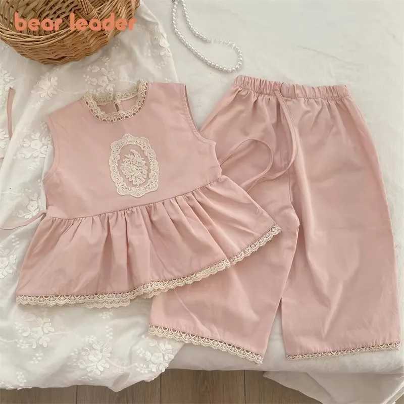 Bear collar 3-7Y summer pink girls casual clothing set sleeveless lace stand up collar top+pants two-piece set childrens clothingT250327
