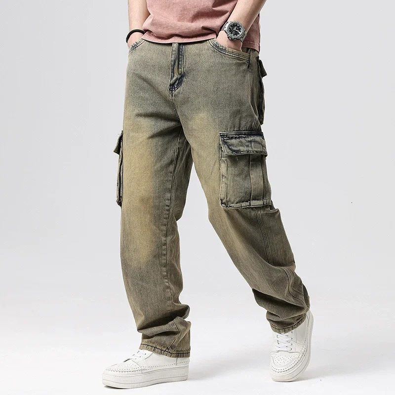 Large Size Loose Jeans Men Denim Pants Straight Pocket Baggy Casual Streetwear Hip Hop Blue Wide Leg Cargo Trousers 250317