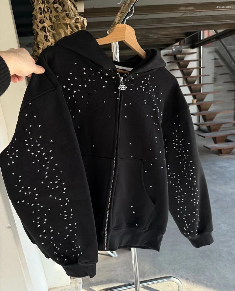 Men's Hoodies Spring American Rhinestone Design Cardigan Zipper Sweatshirt Trendy Brand High-end Couple Casual Short Gothic Jacket