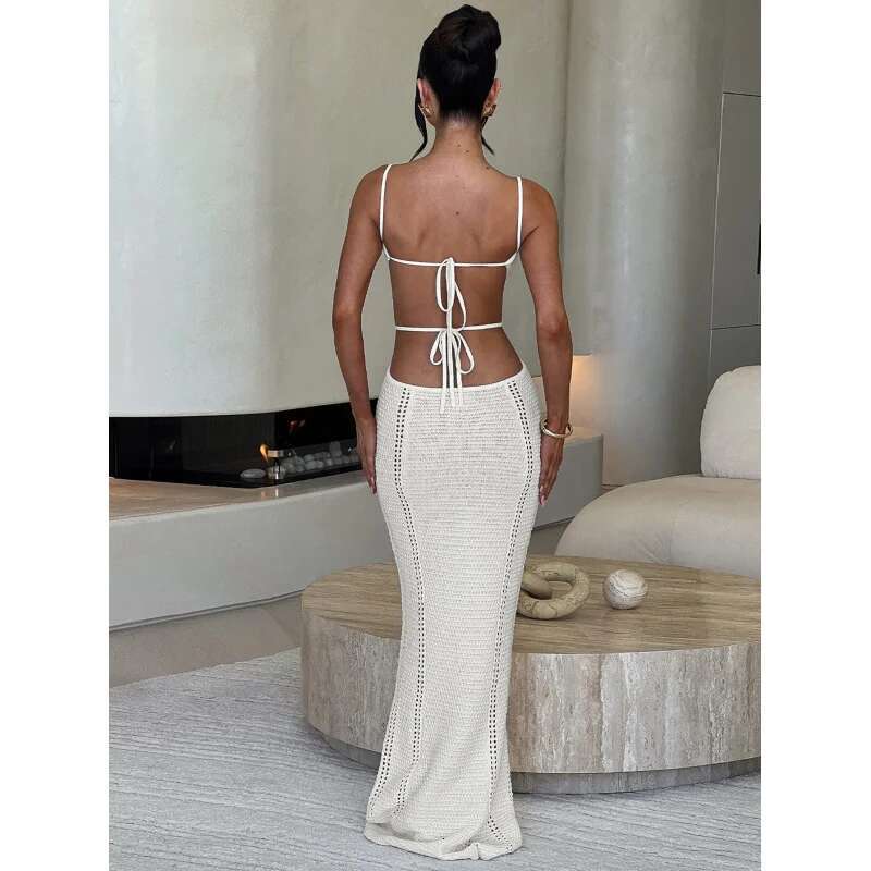 Dongdumaoyi Best Verkochte Nieuwe Gebreide Sexy Uitgeholde Rugloze Patchwork Tie Back Lange Slim Fit Jurk Met Bandjes C