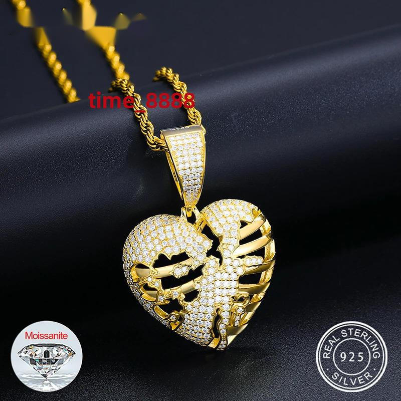 Hip Hop Iced Out Bling Hollow Heart Pendant Necklace 925 Sterling Silver Moissanite Heart Broke Pendant For Men Women Jewelry