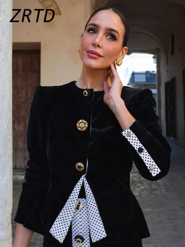 Elegant Velvet Jacket Ski Set Womens Oneck Full Sleeve Shoulder Pads High Waist Button Office 250326