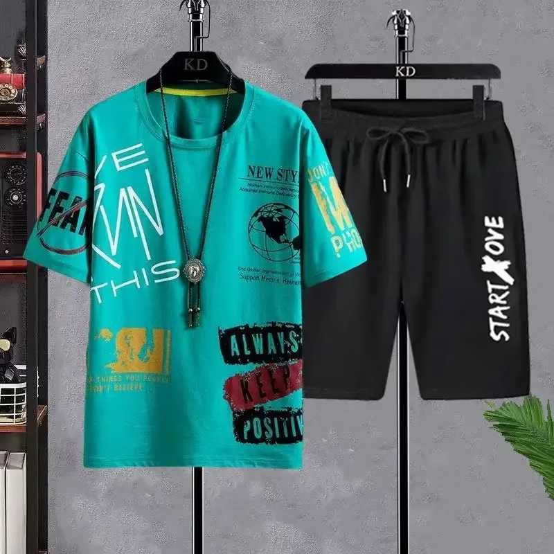 Mens summer casual short sleeved T-shirt+shorts set sports pants anime sports two-piece fashionable sportswear T-shirtXJ250326