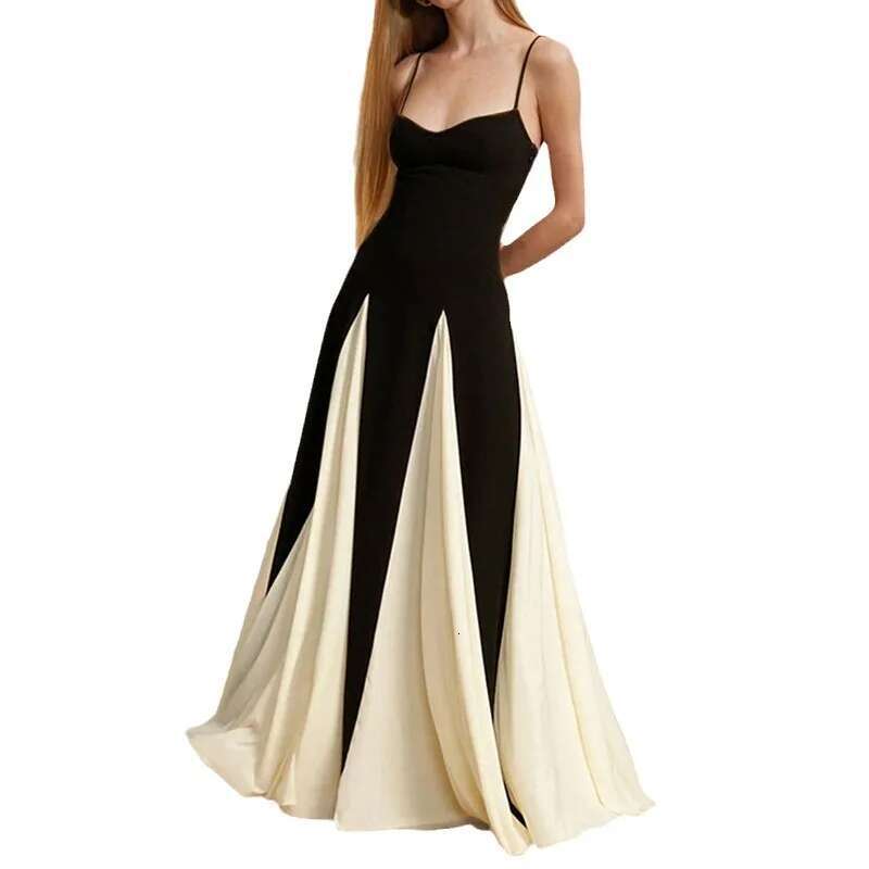 Dongdumaoyi Lente Damesmode Elegante Spaghetti Band Kleurblok Losse Flare Vakantie Taille Knipperende Jurk C