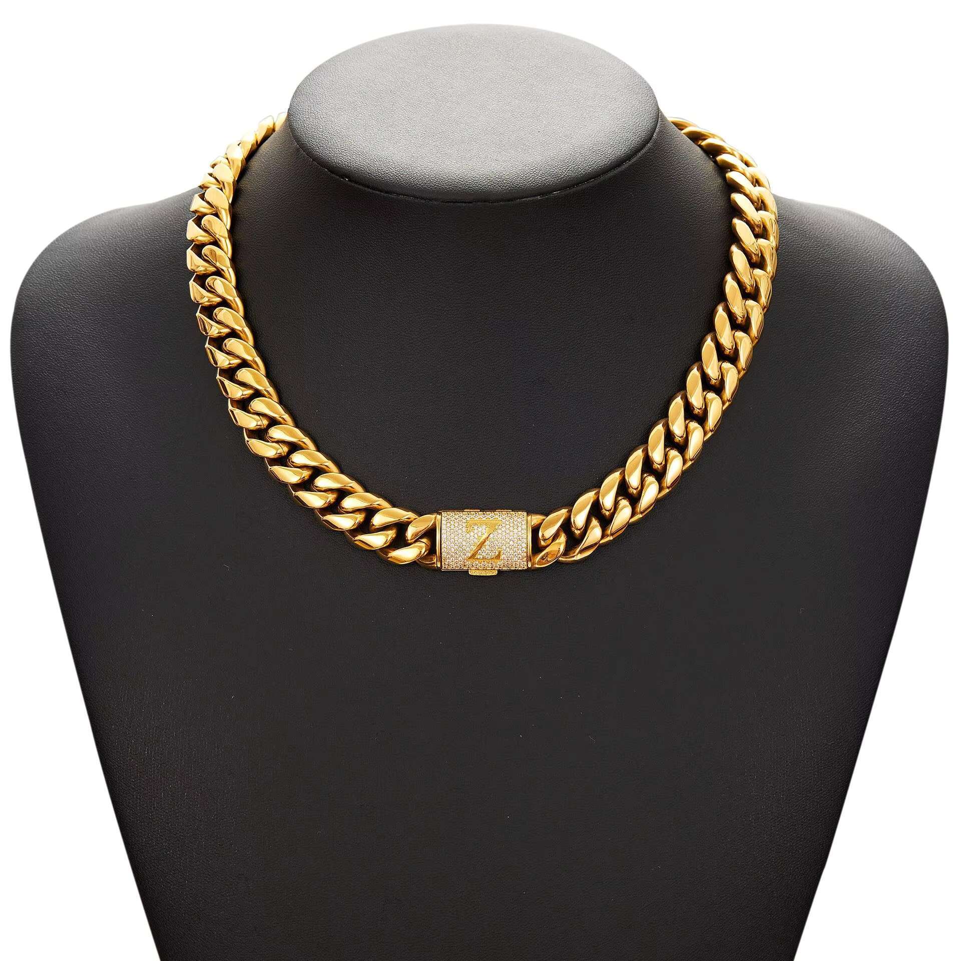 26 Letters Alphabet Iced Out Buckle Stainless Steel Cuban Link Necklace Bracelet for Men | 18K PVD Gold Plated HIP Top Jewelry