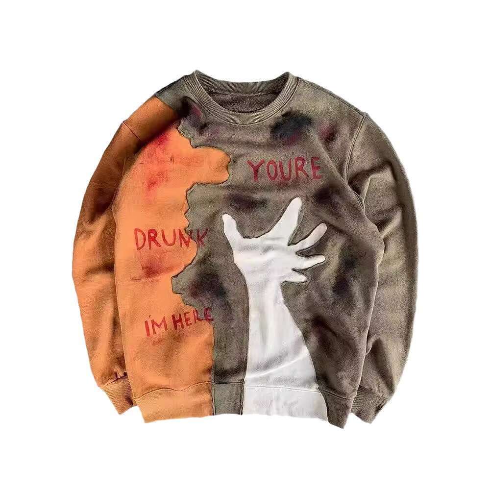 Y2K American style new dark Harajuku patch fabric splicing round neck unisex loose pullover hoodie gift for man