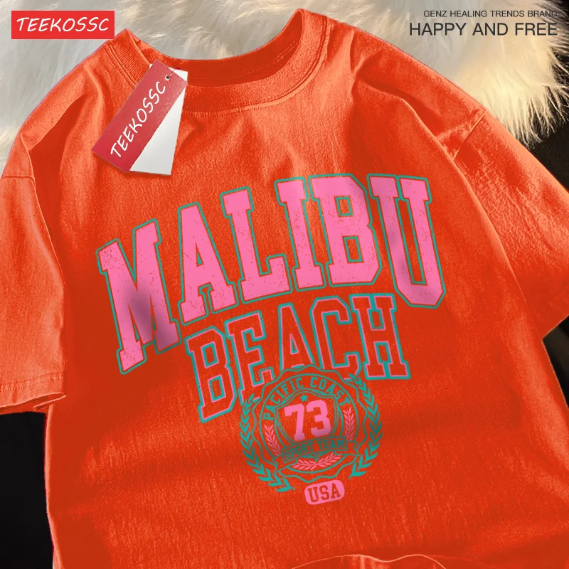 Malibu Beach Simple Letter Printing Mens Fashion Tshirt Cotton Loose Casual Oneck Clothing Oversized Top 250327