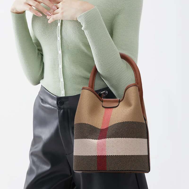 Aidrani New Plaid Women's Handbag, Made Of Canvas Cowhide Material, Caramel Colored Bucket Bag