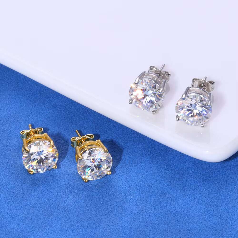 NUOYA VVS Moissanite Stud Earrings 925 Sterling Silver 3-10mm Round Diamond White Gold Plated Ear Studs Fine Jewelry Gift