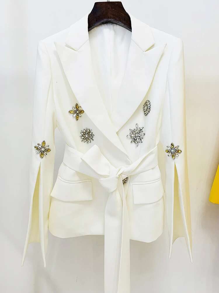 HIGH STREET Newest Fashion 2024 Designer Jacket Women's Slit Sleeve Rhie Dias Beading Belted Blazer