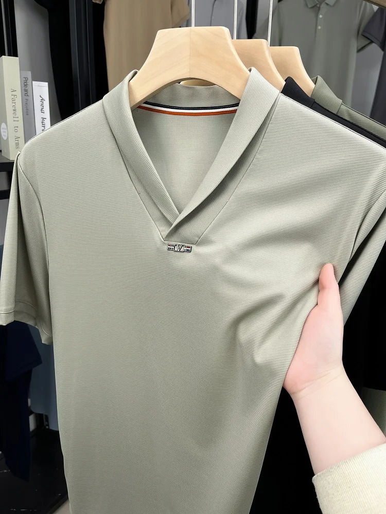 y short sleeved Tshirt mens summer Vletter embossed n trend European casual seagull collar silk polo shirt 250327
