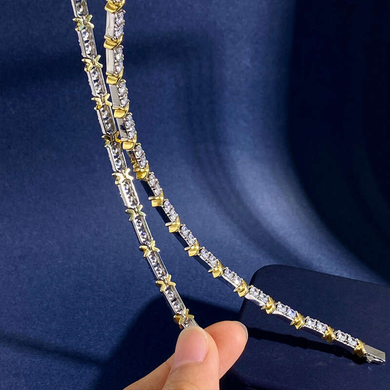 T Family's Light Zircon Full Dia Necklace Set with a Design Sense of Gold and Sier Intercolor Combination Letter X Collar Chain