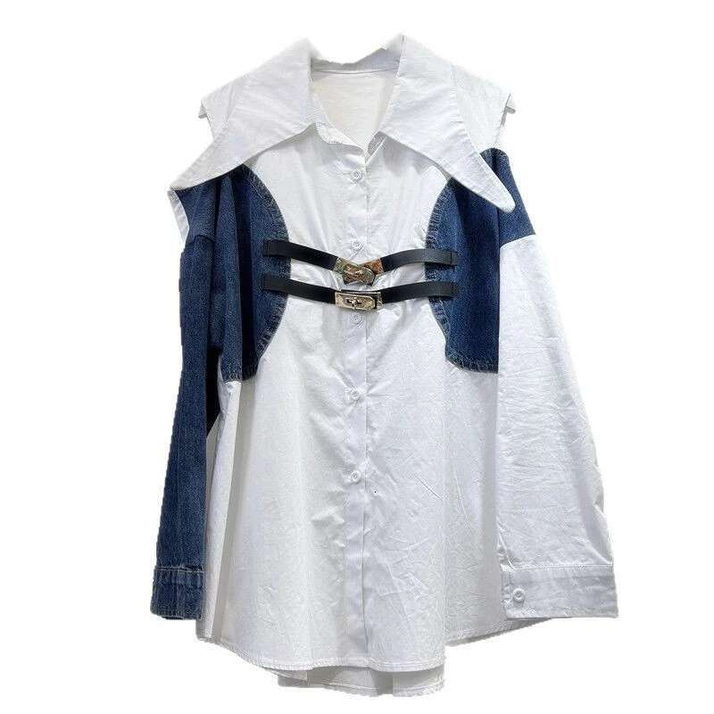 New Fashion Women Contrast Color Off-Shoulder Shirt Spring Lapel Long Sleeves Double Belt Design Blouse Female