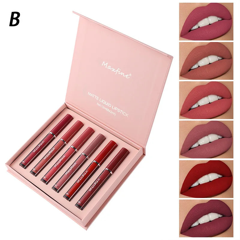 MAXFINE 6 pieces/set matte liquid lipstick set non and non stick to cup lip gloss waterproof and long-lasting lip gloss 250317