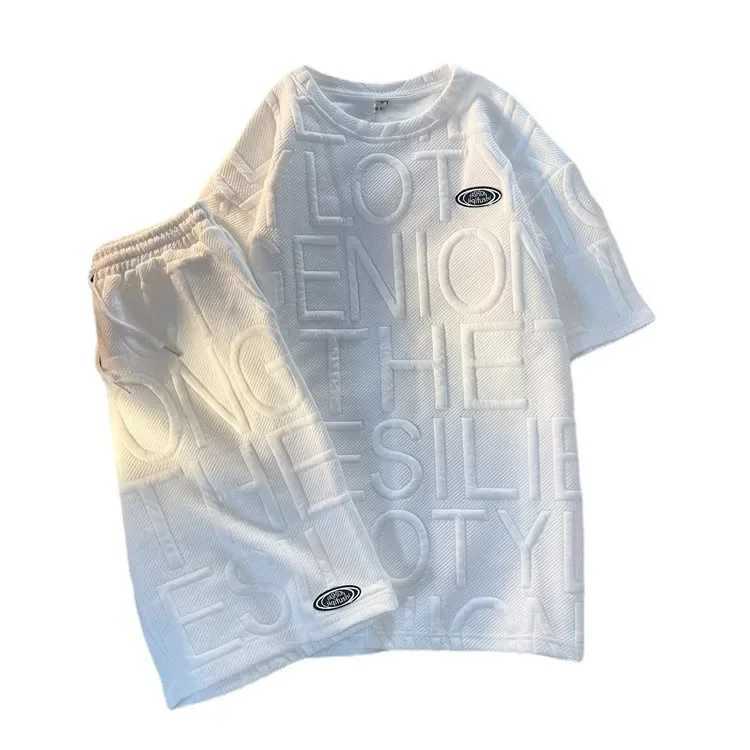 Mens casual sportswear womens plain short sleeved shirt top loose fit letter printing two-piece summer setXJ250326