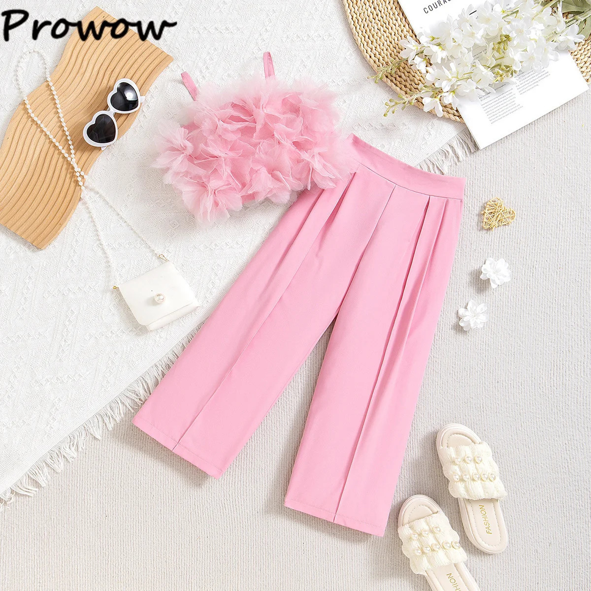 Prowow Children Clothing Summer Girls Pink Outfit Sets Lace Mesh Flower Vest and Long Pants Kids Clothes Girls Elegant Sets 250326