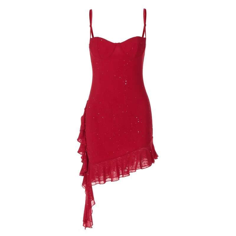 Dongdumaoyi Nieuwe Frisse En Zoete Bustier Slim Fit Sexy Ruches Pailletten Strappy Jurk Voor Vrouwen C