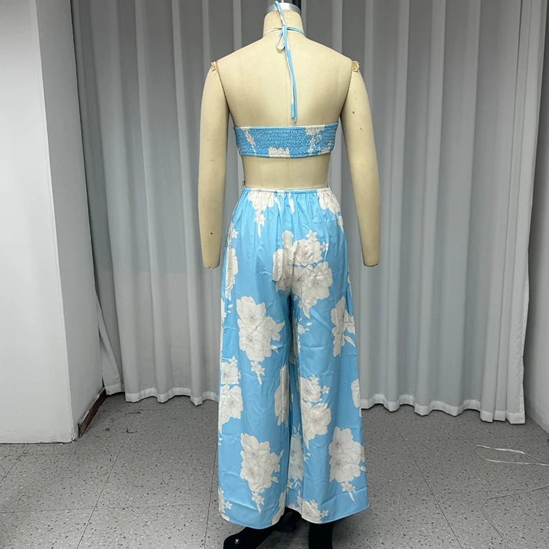 Wefads Womens Casual Printed Sleeveless Hollow Cross Strap Collar Lace Back Free Pants 250326