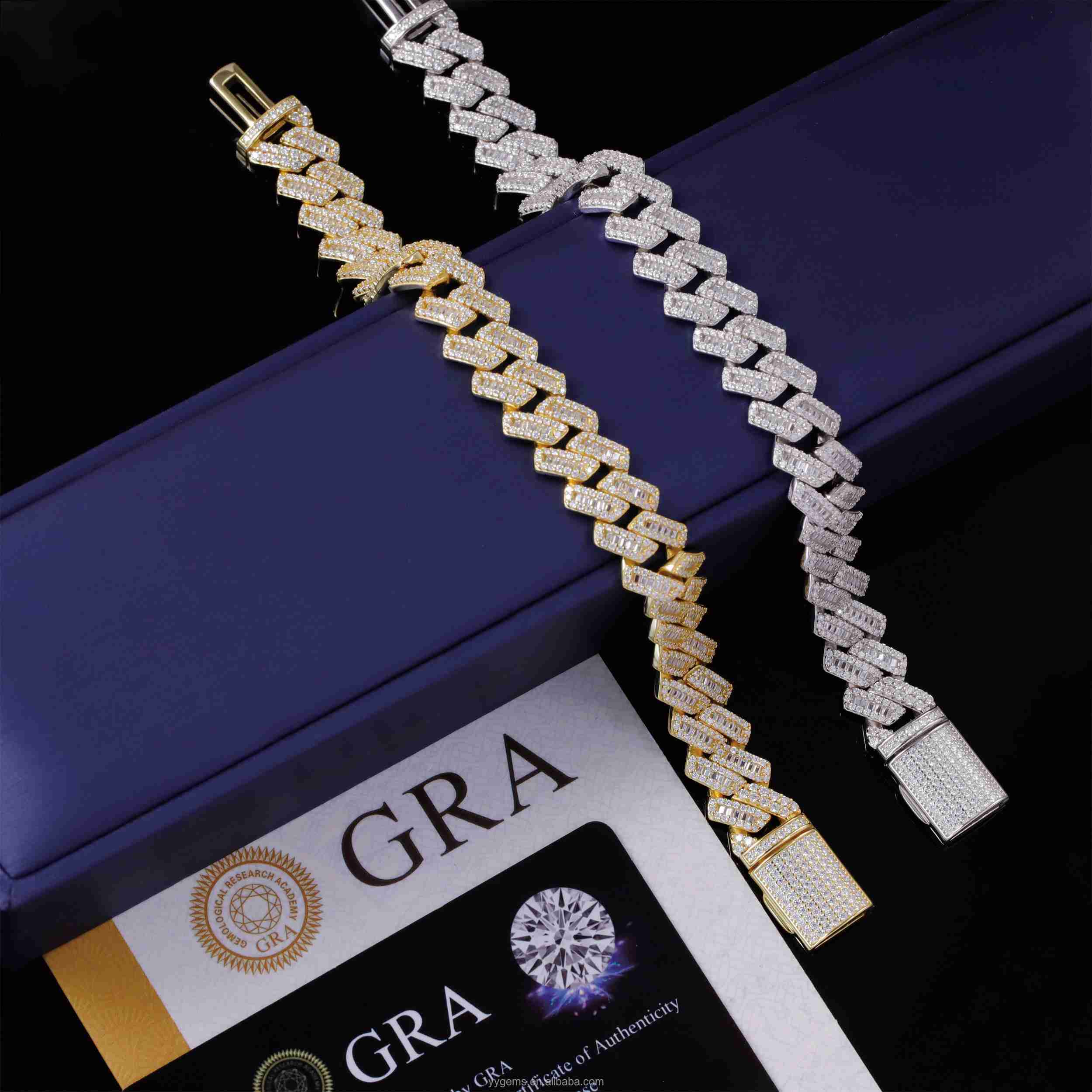 Yu ying VVS Moissanite Bracelet 13mm S925 Silver Hip Hop Bracelet iced out Baguette Moissanite Diamond Cuban Bracelet For Men