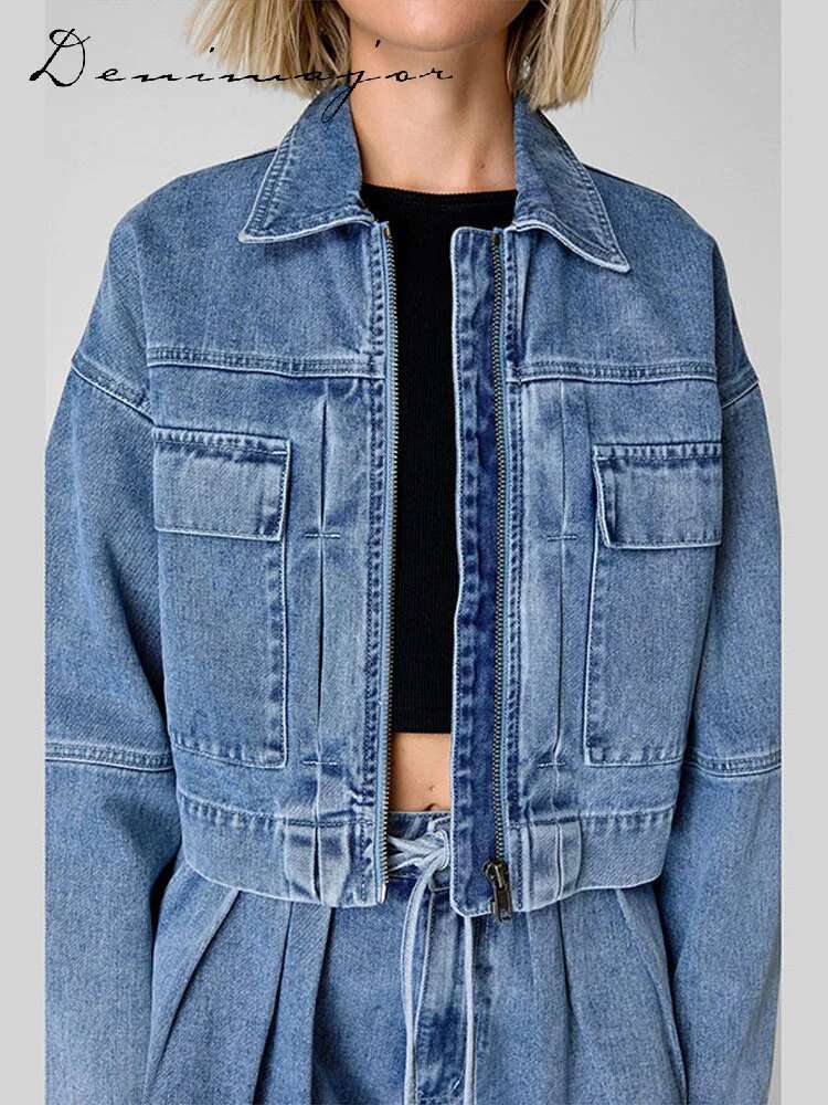 Lace Up Pleated Denim Women Shorts Suits Lapel Zipped Jacket Wide Leg Mini Pants Female Spring Summer New Fashion Lady Sets