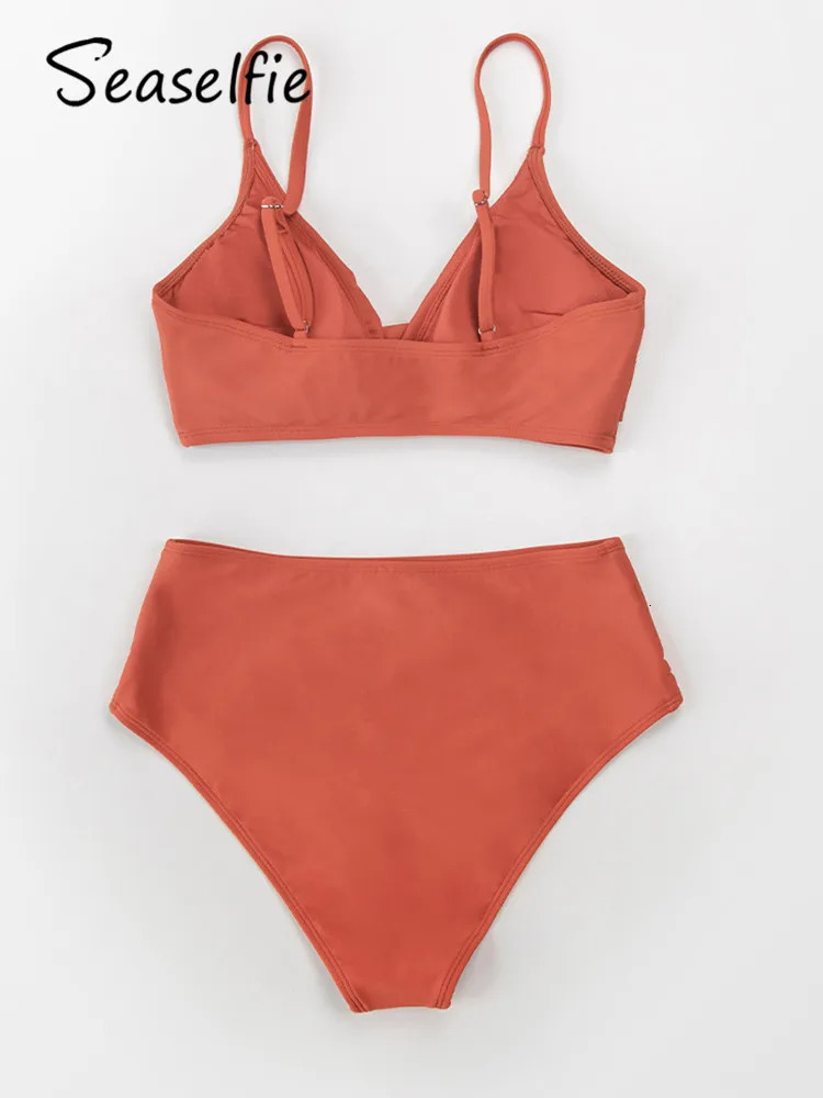 SEASELPIE sexy twisted vest high waisted bikini set swimsuit womens pure red Vneck beachwear 250327