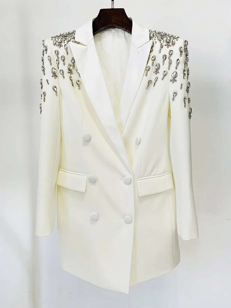HIGH STREET Newest 2024 Designer Jacket Women's Double Breasted Rhie Dias Beaded Long Blazer Dress