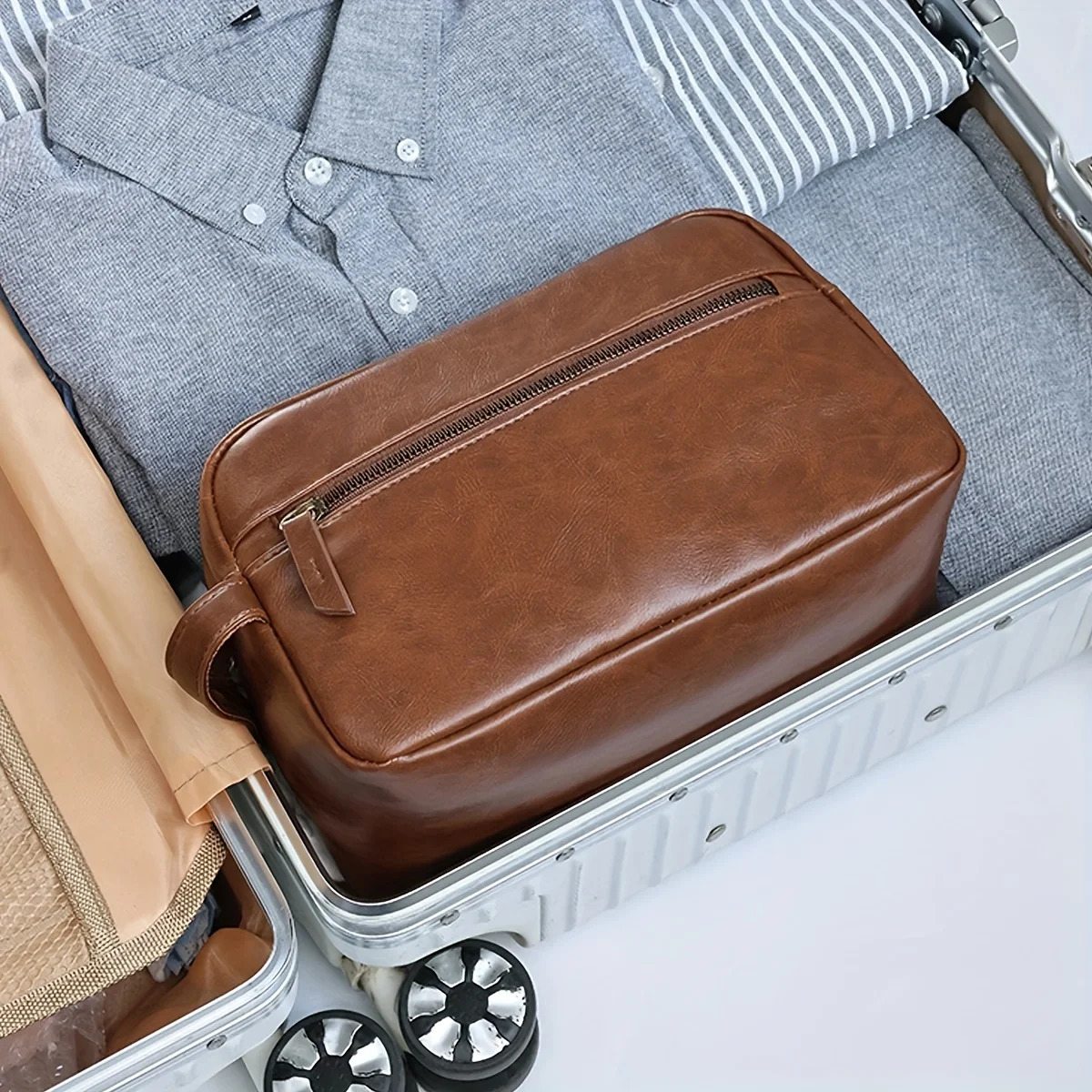 Mens business travel face bag waterproof PU leather bathroom shaving tool organizer makeup womens 250326