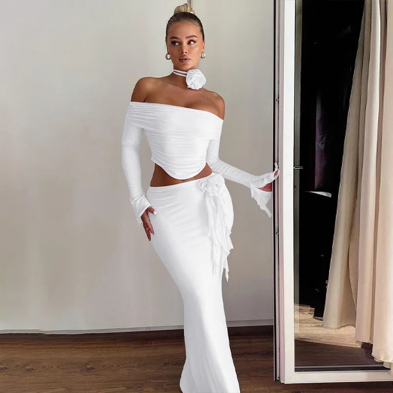 Cryptographic Off Shoulder Sexy Mesh Ruffle Dress Set for Women Matching Club Party Flower Stickers 2piece 250326