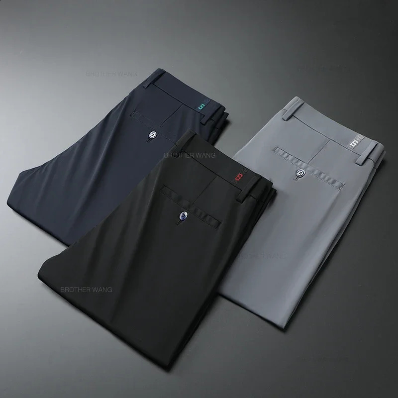 Summer Ultra-thin Ice Silk Quick-drying Casual Pants Male Gray Black High Elastic Straight Draped Mens Business Casual Trousers 250317