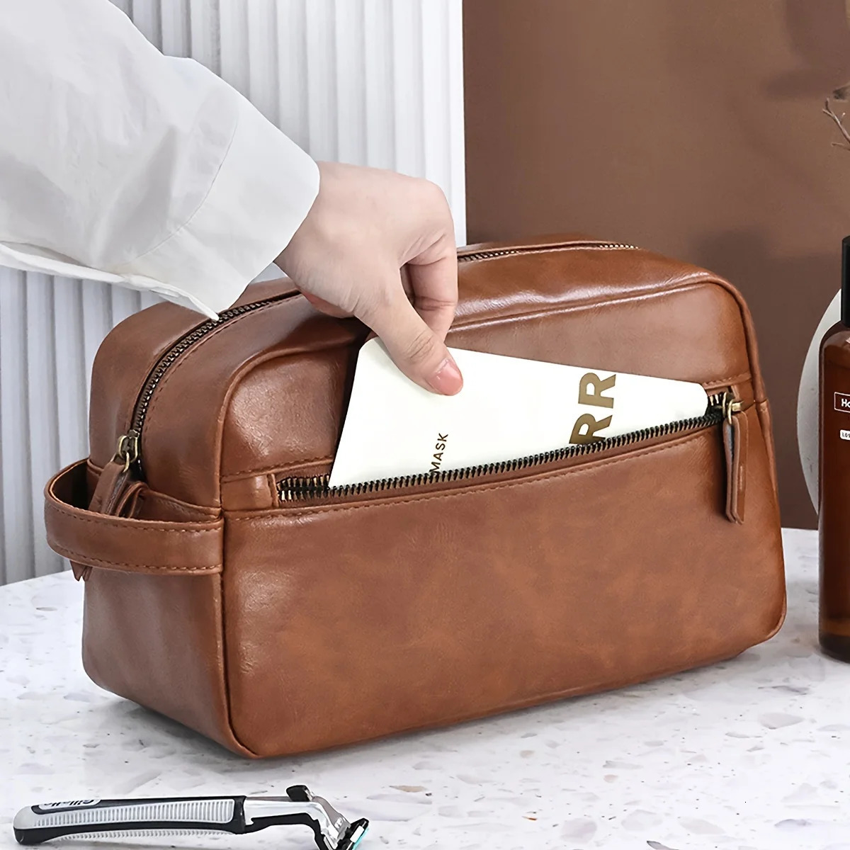 Mens business travel face bag waterproof PU leather bathroom shaving tool organizer makeup womens 250326