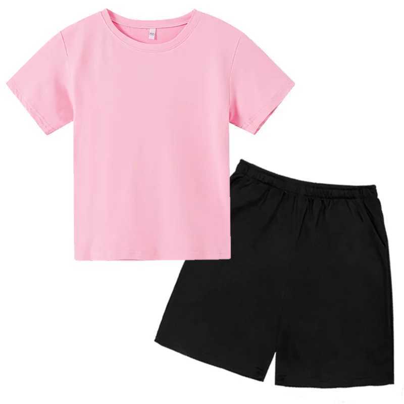 Childrens T-shirt boys and girls two-piece set 2-12-year-old childrens hot leisure outdoor sports set short sleeved+solid colorT250327