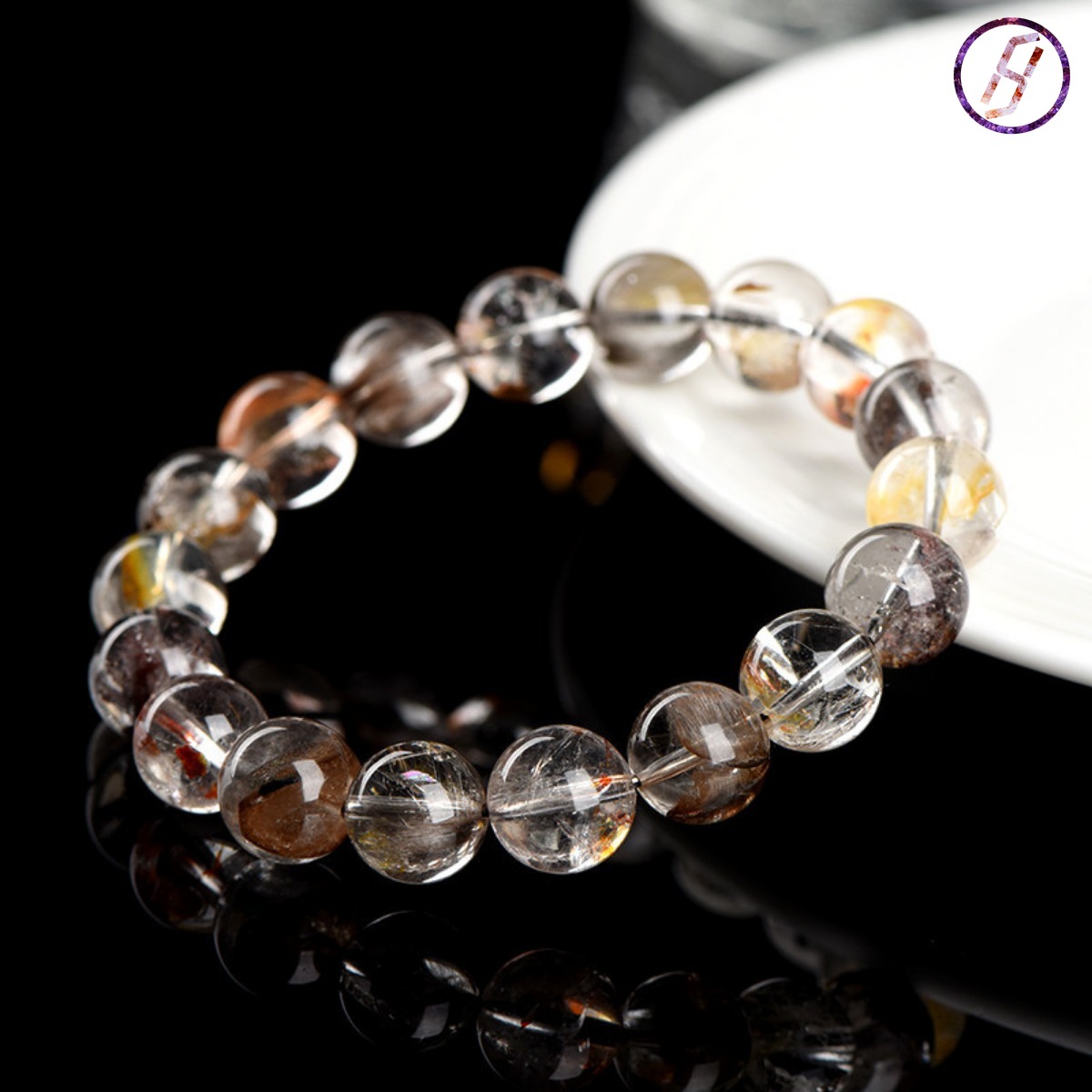 Natural Black Silver Titanium Crystal Bead Bracelet, Rubber Flower Black Silver Titanium Bracelet Handmade Custom Factory Wholesale Protection Crystal