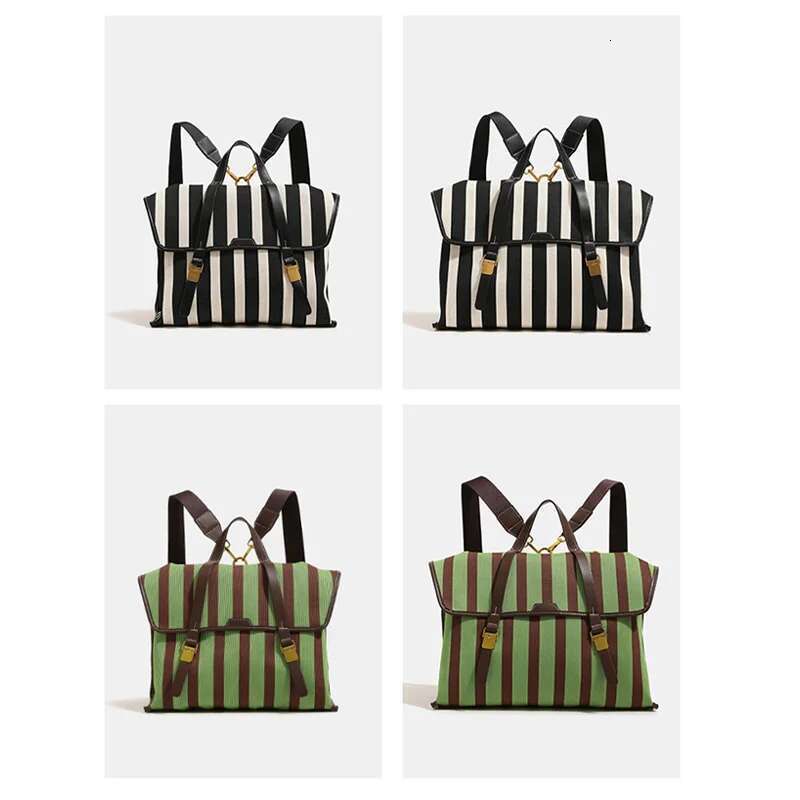 Multi-Use Briefcase Denim Canvas Striped Backpack Large Capacity Commuter Black White Contrast Handbag Messenger Travel Bag