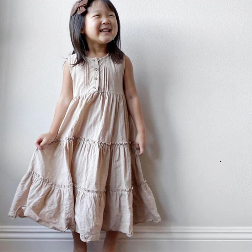 Girls Beach Dress Summer Vintage Plated Tutu Skirt Dress for Girls Clothes Breathable Linen Cotton Toddler Girls Boho Dress 1-7Y 250326