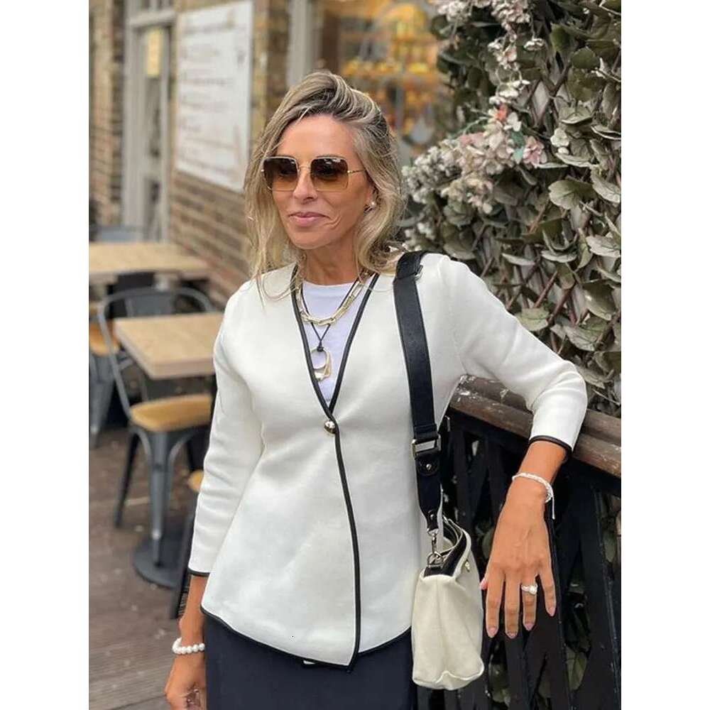 Women's Coat Minimalism One Button Women Jacket Knitted Patchwork Long Sleeve V Neck Outwear Autumn Elegant Elastic Slim Cardigan