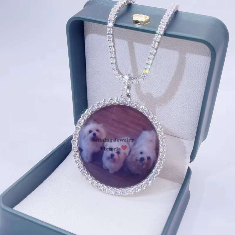 2.5 Width Sterling Silver Vvs Moissanite Diamond Iced Out Memory Photo Necklace with Tennis Chain