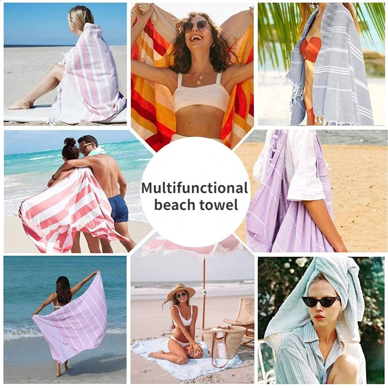 Turkish Beach Towel Oversized 100% Cotton Sand Free Lightweight Towel Absorbent Quick-Dry Beach Blanket Large Pool Bath Towels 250327