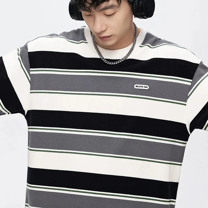 loose contrasting color short sleeved main stripe Tshirt for couples summer retro Harajuku oversized top 250326