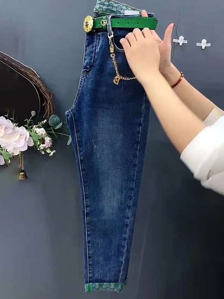 2023 NEW Spring Autumn High Waist Straight Loose Fit Stretch Haren Denim Ladies Ankle-Length Jeans Pants