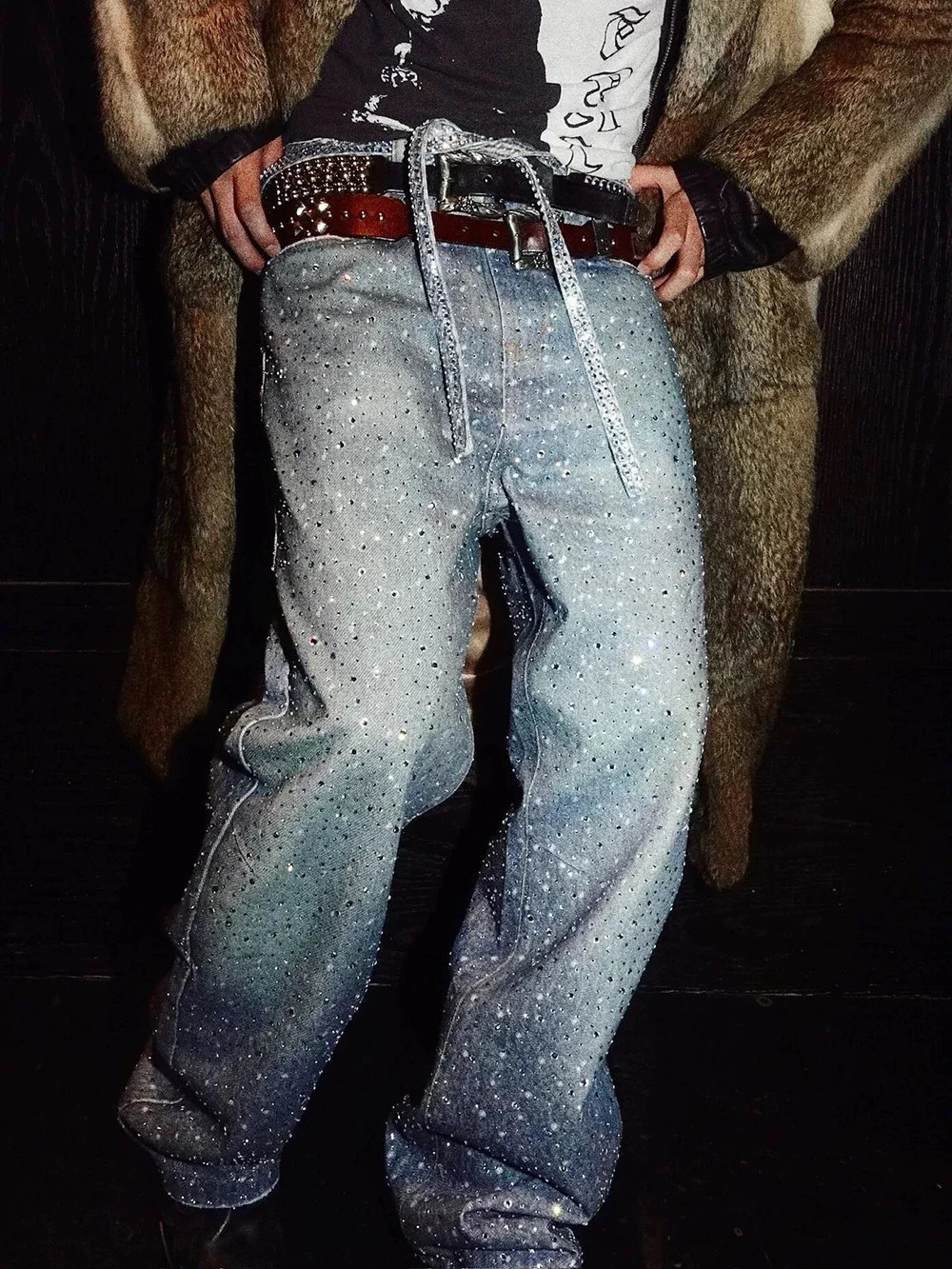 Full Rhinestone Print Washed Blue Baggy Jeans Mens and Women Ropa Hombre Streetwear Solid Casual Denim Trousers Loose Cargos 250317