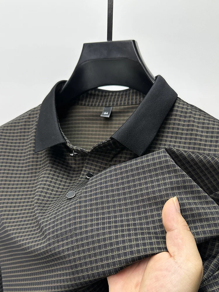 High quality short sleeved mens polo shirt for summer fashion youthful style checkered highend n breathable ice silk Tshirt 250327