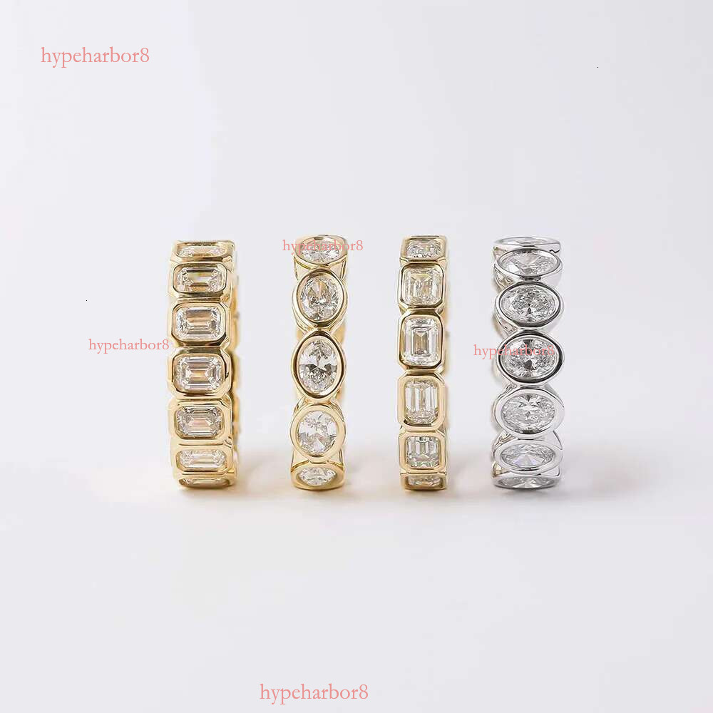 Luster Unique Wedding Eternity Band Sier 14k Gold Bezel Set 3x5mm Emerald Cut Moissanite Oval Ring for Women