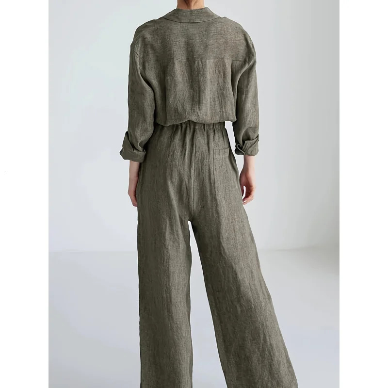 Womens casual elegant solid color polyester jumpsuit with brushed wide legs pockets and a collar for spring autumn 250326