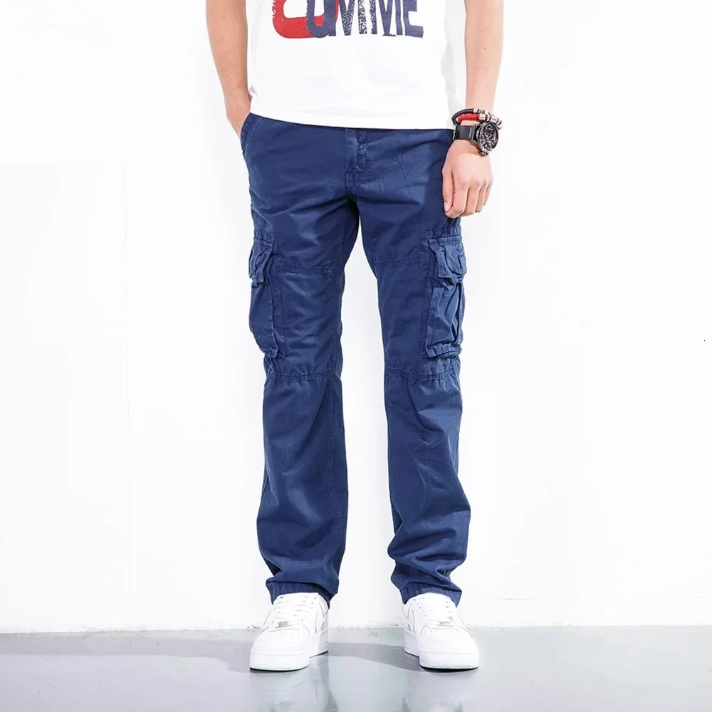 Casual pants mens straight leg cotton cargo Trouser multi pocket work fishing suit military summer spring khaki black 250327