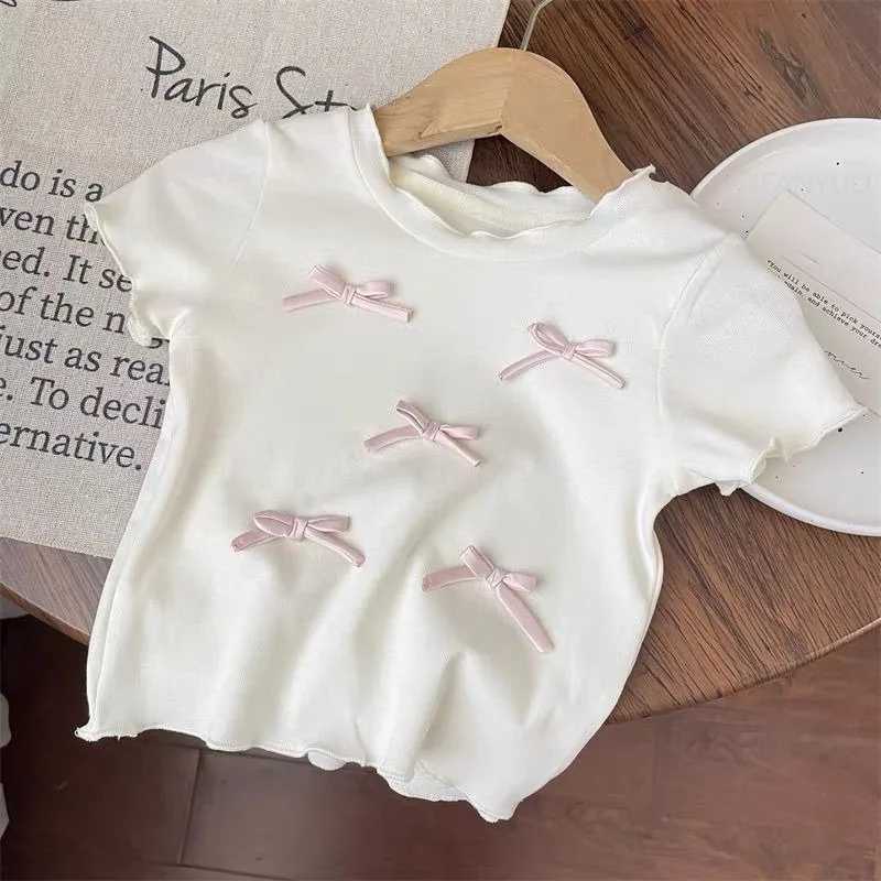 Childrens clothing set bow short sleeved top+flat leg wide leg pants set girl bow T-shirt childrens princess clothingT250327