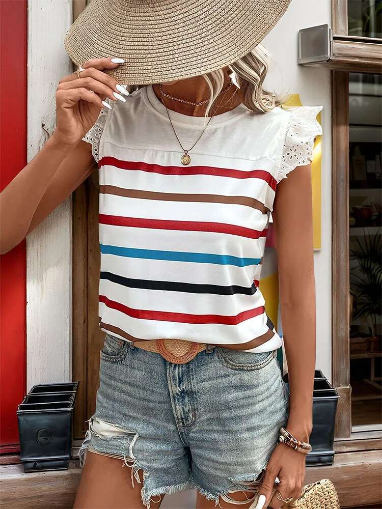 Dongdumaoyi Nieuwe Zomertop Casual Kanten Volantmouwen Gestreept Damesmode T Shirt