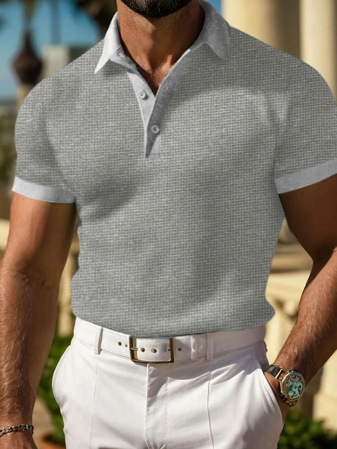 Mens fashionable muscle polo shirt casual Vneck short sleeved Tshirt classic knitted waffle golf 250327
