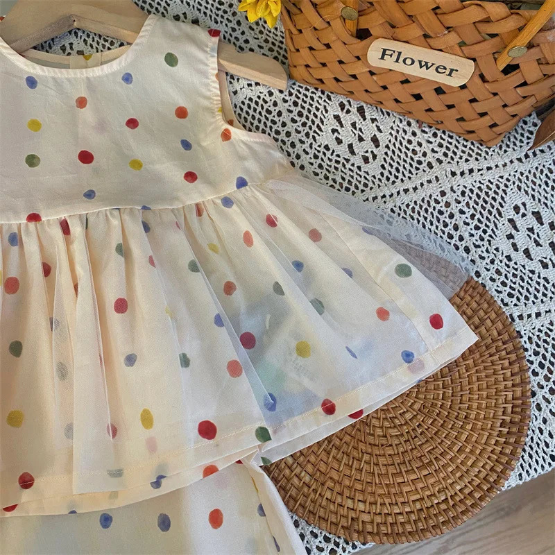 Childrens Clothing Sets Color Polka Dot Sleeveless Top Wide Leg Pants 2pcs Toddler Girl Clothes Kids Boutique Clothes 250326