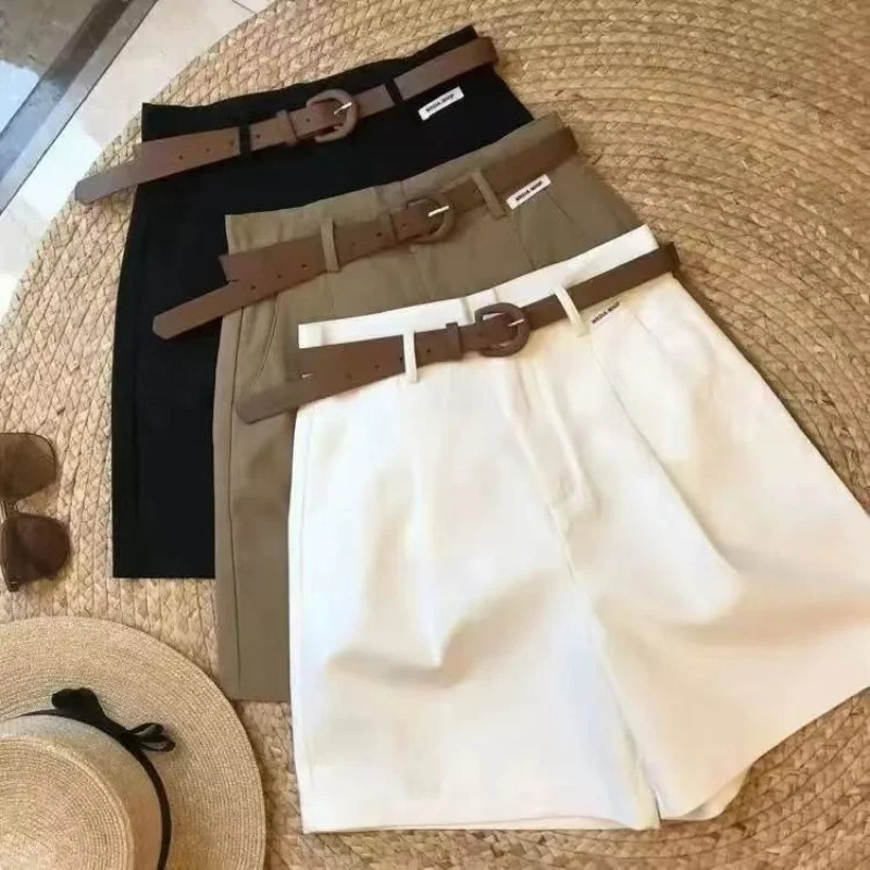 Chic Fashion Office Ladys Shorts With Belt Elegant Womens Straight Leg Korean Matching Basic Female Wide 250321